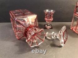 Pair Of Cranberry Cut To Clear Crystal Decanter/2 Beaker/Europe C. 1930/Bottle