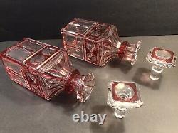 Pair Of Cranberry Cut To Clear Crystal Decanter/2 Beaker/Europe C. 1930/Bottle