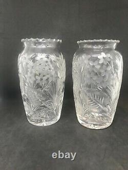 Pair Of Intaglio Engraved & Cut Glass Vase withBeautiful Engraved Floral Design