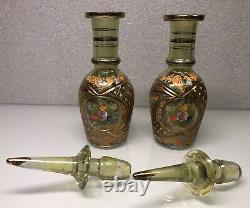 Pair Of Persian Glass Decanters-handcrafted Yellow Cut Crystal