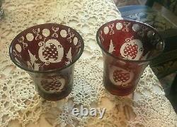 Pair Of Vintage Antique Bohemian Ruby Cut To Clear Art Glass Vases