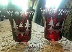 Pair Of Vintage Antique Bohemian Ruby Cut To Clear Art Glass Vases