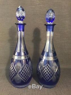 Pair Of Vintage Blue Overlay Art Glass Bohemian Cut Glass Decanters
