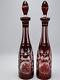 Pair Old Bohemian Ruby Cut To Clear & Frosted Glass Decanters 16 High
