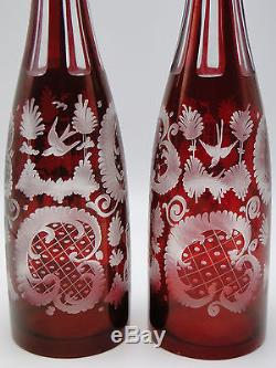 Pair Old Bohemian Ruby Cut To Clear & Frosted Glass Decanters 16 high