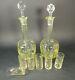 Pair Victorian Bohemian Decanters Yellow Green Vaseline Cut Glass With / 6 Cups