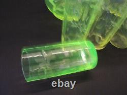 Pair Victorian Bohemian Decanters Yellow Green Vaseline Cut Glass with / 6 cups