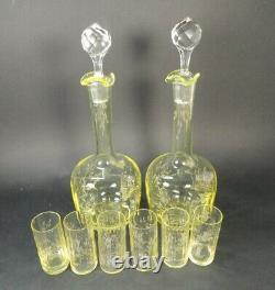 Pair Victorian Bohemian Decanters Yellow Green Vaseline Cut Glass with / 6 cups