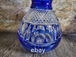 Pair Vintage Cobalt Blue Bohemian Cut To Clear Glass Decanters Stoppers