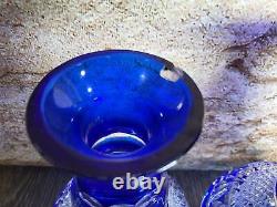 Pair Vintage Cobalt Blue Bohemian Cut To Clear Glass Decanters Stoppers