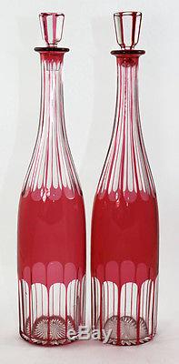 Pair, mid-19th c. Ruby cut to clear tall decanters with own stoppers 10762