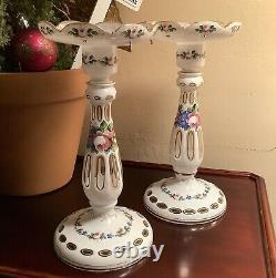 Pair of Antique Bohemian Candlesticks \ Hand Painted Cased Glassware