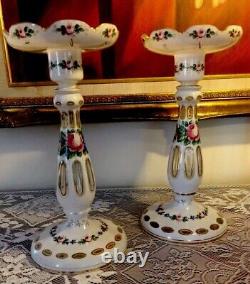 Pair of Antique Bohemian Candlesticks \ Hand Painted Cased Glassware