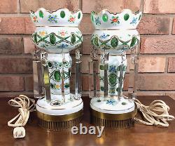 Pair of Antique Bohemian Mantle Lusters 11.5 White Cut to Green with Prisms