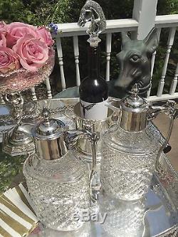 Pair of Antique English Silver Plate & Cut Glass Wine Decanters