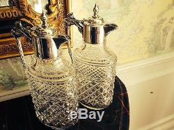 Pair of Antique English Silver Plate & Cut Glass Wine Decanters