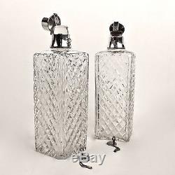 Pair of Art Deco Hawkes Cut Glass & Sterling Silver Cocktail Bar Decanters GL