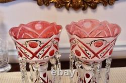 Pair of Bohemian Czech Overlay Cut to pink Glass Mantle Lusters