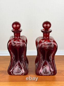 Pair of Bohemian RUBY CUT TO CLEAR Hand-Blown Pinch Decanters