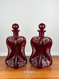 Pair of Bohemian RUBY CUT TO CLEAR Hand-Blown Pinch Decanters