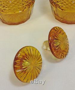 Pair of Diamond Cut Regency Amber Decanters Mushroom Stoppers