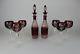 Pair Of Matching Cranberry Cut Clear Crystal Decanters 14 Inches With 6 Glasses