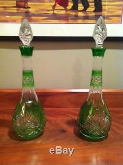 Pair of Matching Green Cut to Clear Glass Decanters