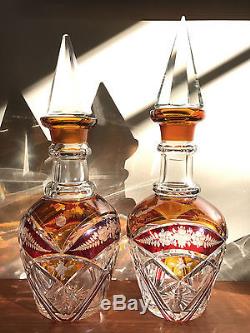 Pair of Vintage Bohemia Etched & Cut Glass Ruby Amber Wine Decanter with Stopper