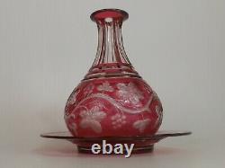 Pink Cut Crystal Decanter & His Support, Baccarat Model, Floral Decor