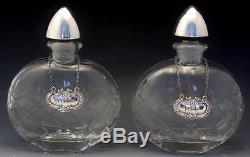 Pr Antique Cut Crystal & Sterling Silver Overlay Liquor Decanters Bottles