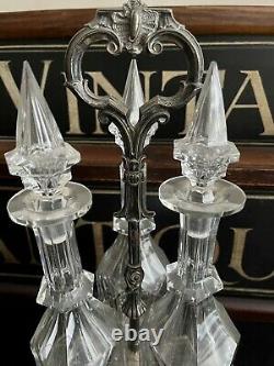 Quality Antique Triple Cut Glass Decanters On Silver Plated Stand