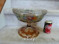 RARE ANTIQUE Cut to Clear Bohemian Compote HANDPAINTED Flower 10.75Dx8.75T