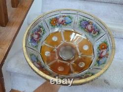 RARE ANTIQUE Cut to Clear Bohemian Compote HANDPAINTED Flower 10.75Dx8.75T
