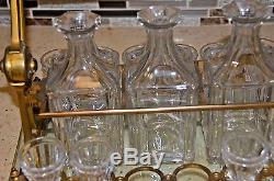 RARE Antique Brass & Cut Glass Tantalus Decanter Set 10 shots 19C