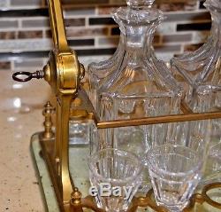 RARE Antique Brass & Cut Glass Tantalus Decanter Set 10 shots 19C