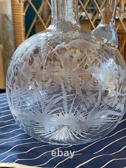 RARE Antique Engraved Whiskey Decanter & Stopper Glass Bottle Early American