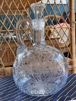 RARE Antique Engraved Whiskey Decanter & Stopper Glass Bottle Early American