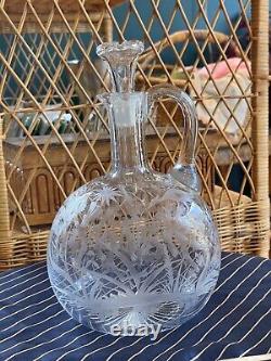 RARE Antique Engraved Whiskey Decanter & Stopper Glass Bottle Early American