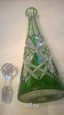 Rare Baccarat Emerald Green Cut To Clear Decanter, 15.5 Tall Antique Crystal
