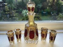 RARE MOSER BIEDERMEIER ruby cabochon Czech Bohemian gilded DECANTER + 4 glasses