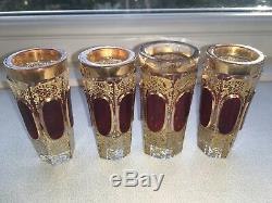 RARE MOSER BIEDERMEIER ruby cabochon Czech Bohemian gilded DECANTER + 4 glasses