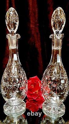 RARE PAIR American Brilliant FOOTED CUT GLASS Crystal Decanters TEARDROP STOPPER