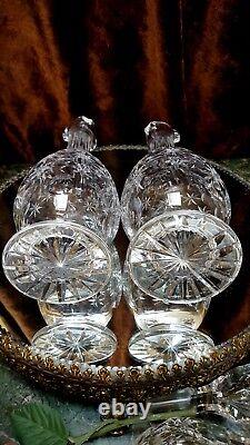 RARE PAIR American Brilliant FOOTED CUT GLASS Crystal Decanters TEARDROP STOPPER