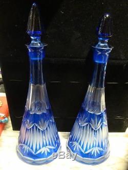 Rare Pair Cobalt Blue Baccarat Style Cut Crystal French Etched Glass Decanters