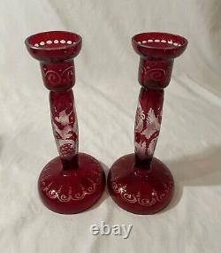 RARE Pair Red Bohemiam Cut to Clear Art Glass Candlesticks 8.75 by Egermann