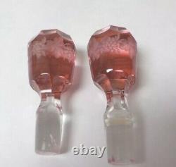 RARE Pair of Antique Bohemian Cranberry to Clear Hand Blown Cut Glass Decanters