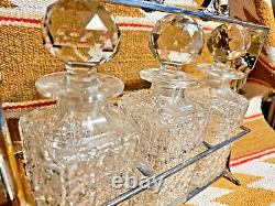 RARE VICTORIAN TANTALUS SET 3 CUT GLASS DECANTER in PORTABLE SP BAR CADDY w LOCK