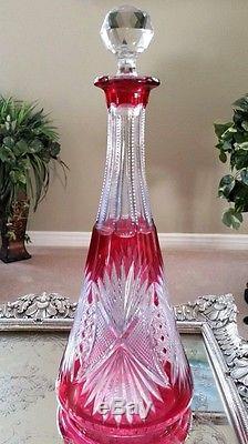 RARE! Vintage St Louis FRANCE Cranberry Red Cut to Clear Crystal Decanter
