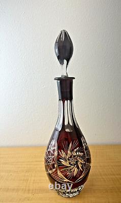 RUBY RED CUT TO CLEAR CRYSTAL DECANTER Great Condition