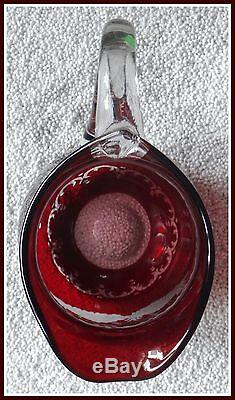 RUBY RED Pitcher Decanter Flashed + CUT TO CLEAR CRYSTAL Bohemian DEER Czech